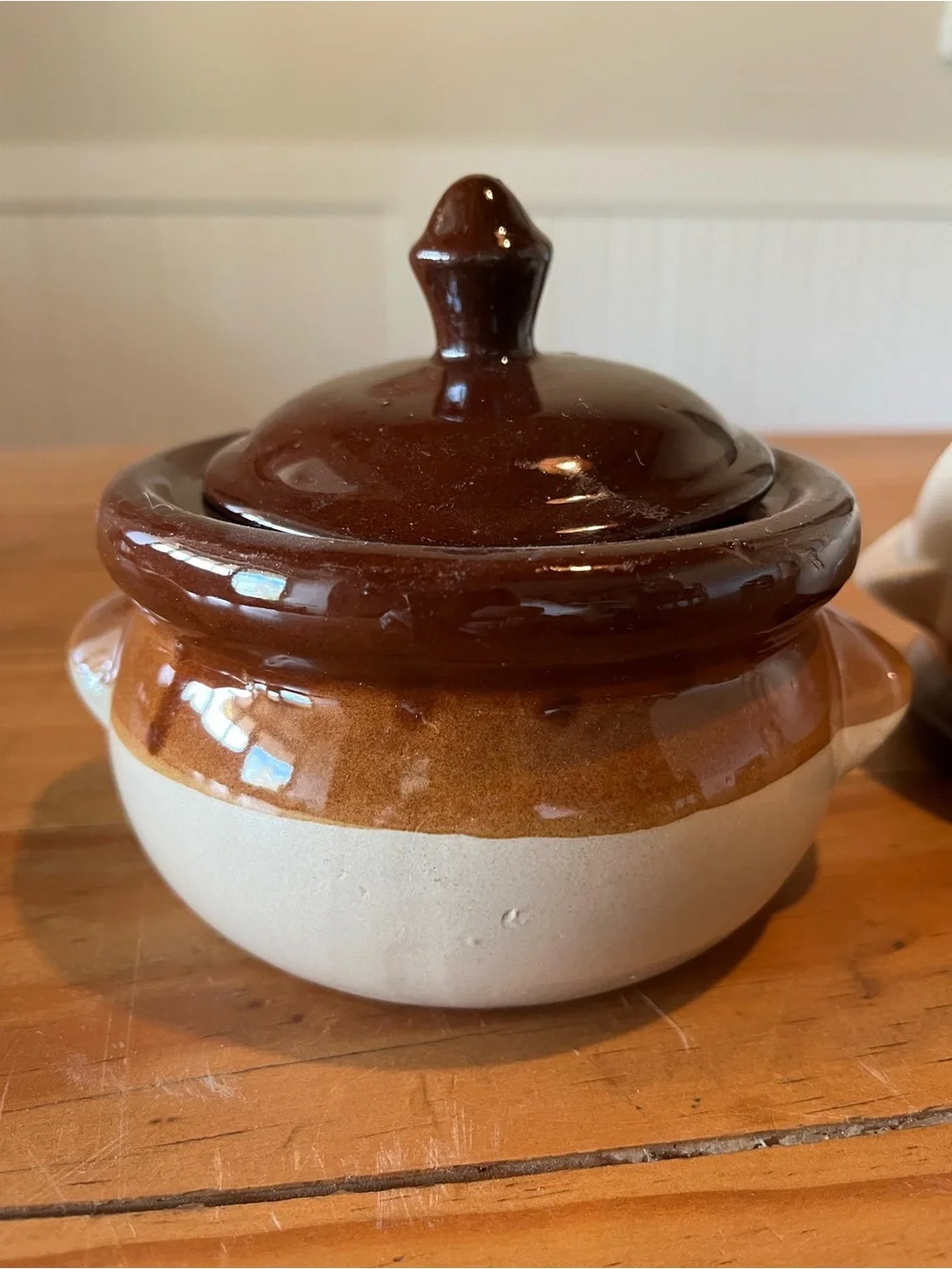Vintage Brown and Cream Stoneware Casserole Bowls with Lids Set of 2